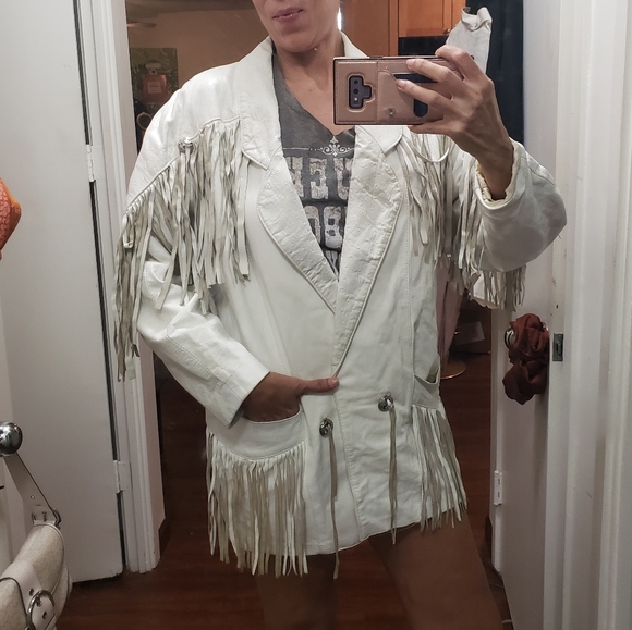 Vtg 80s Phoenix X Contempo Casuals White leather western fringe jacket M